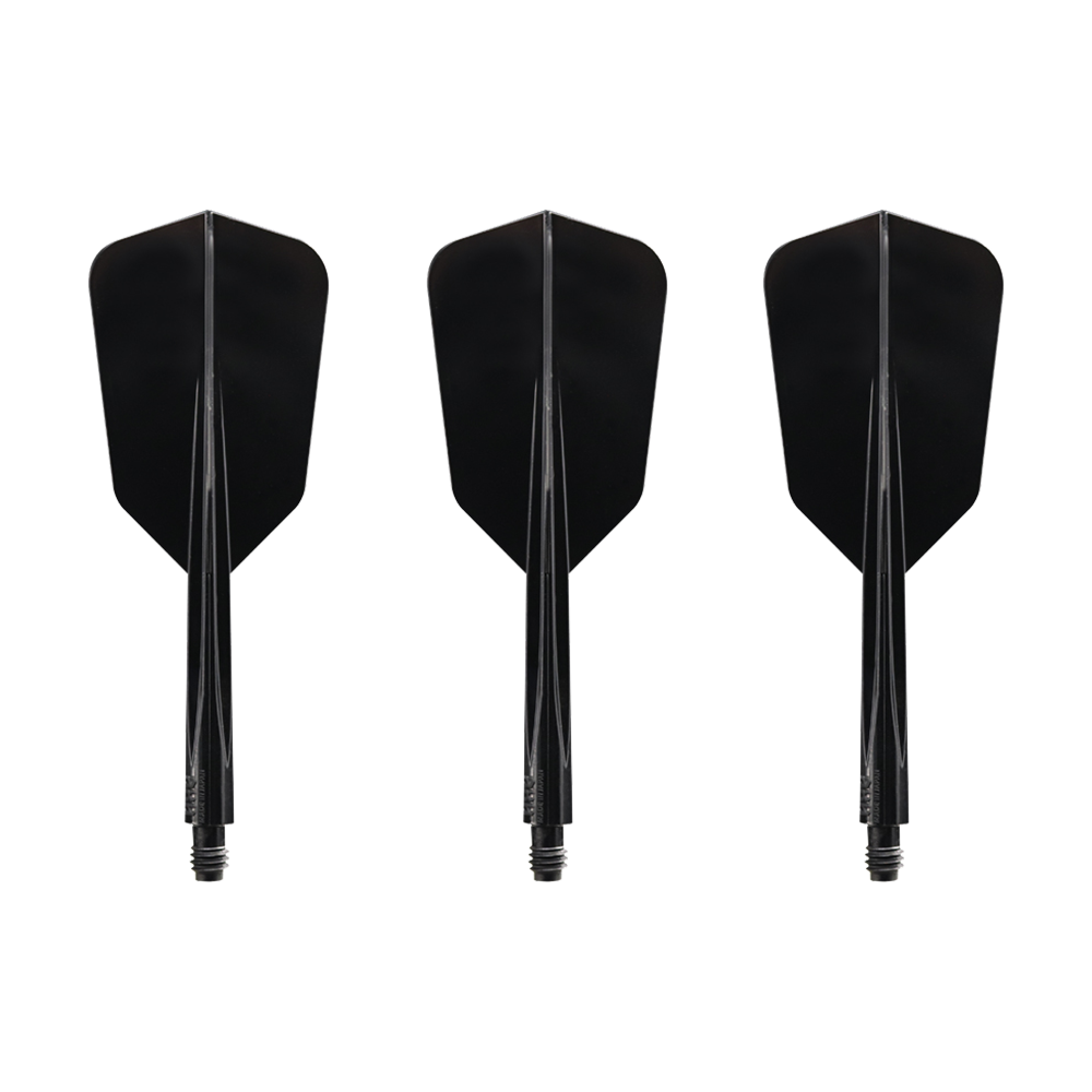 Das Bild zeigt drei schwarze, schlanke Dartflights des Modells "Condor AXE Wing Flight-System Schwarz - Slim". Sie sind nebeneinander angeordnet und haben jeweils einen integrierten Schaft.